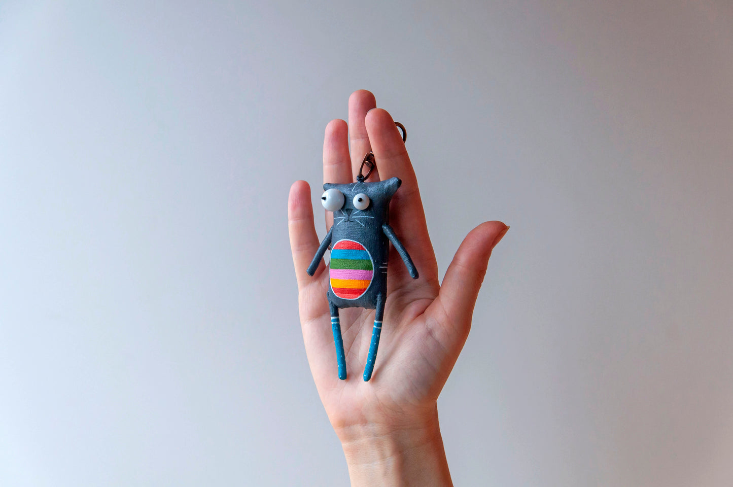 Handmade Gray Cat with Rainbow Belly Keychain | Marlitoyart