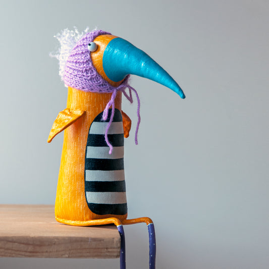 Handmade Yellow Bird in the Knitted  Hat, Interior Sculpture | Marlitoyart