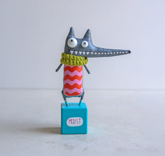 Maiky the Festive Wolf ,Handcrafted Collectible Interior Sculpture by Marlitoyart