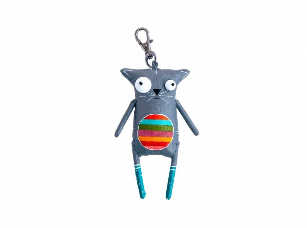 Handmade Gray Cat with Rainbow Belly Keychain | Marlitoyart