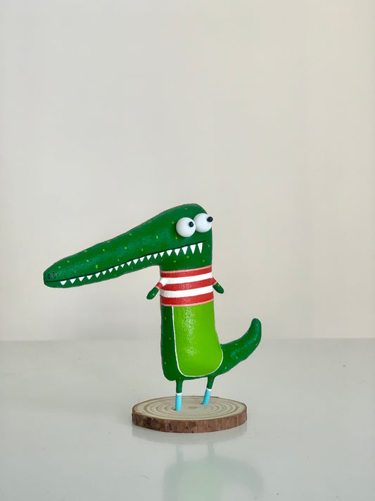 Handmade Alligator Sculpture - Interior Toy with Wooden Stand | Marlitoyart