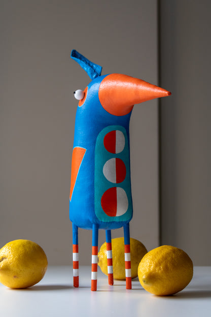 Blue Handmade Decorative Bird Sculpture  Contemporary Naive Art Object