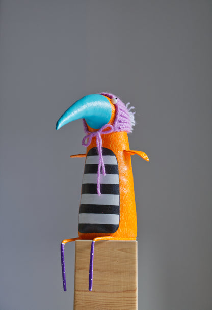 Handmade Yellow Bird Margarita in the Knitted  Hat, Interior Sculpture | Marlitoyart