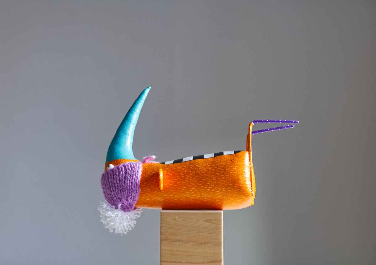 Handmade Yellow Bird Margarita in the Knitted  Hat, Interior Sculpture | Marlitoyart