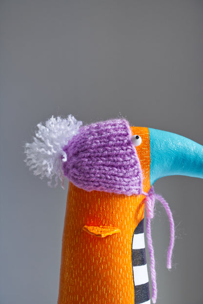 Handmade Yellow Bird Margarita in the Knitted  Hat, Interior Sculpture | Marlitoyart