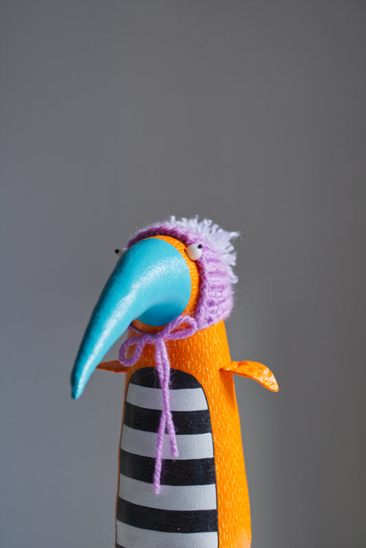 Handmade Yellow Bird Margarita in the Knitted  Hat, Interior Sculpture | Marlitoyart